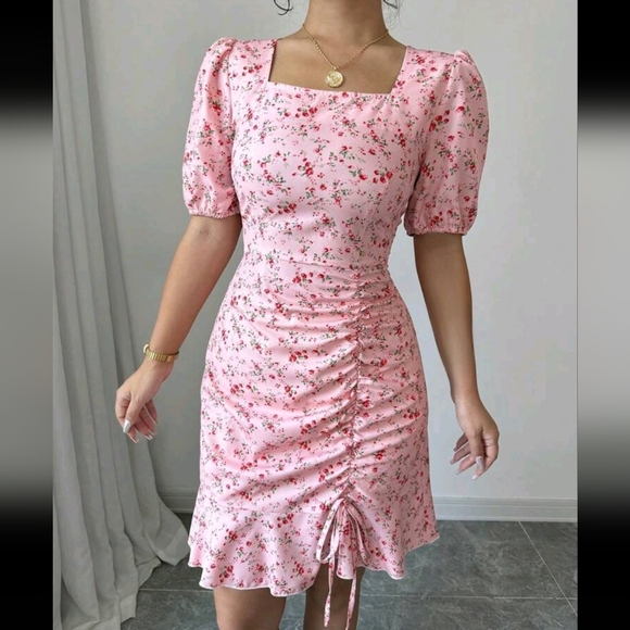 Pink Ditsy Floral Drawstring Ruffle Hem Mini Dress - Picture 4 of 4